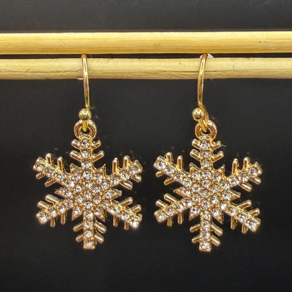 Dangle Women Gold Rhinestone Snowflake Festive Holiday Earrings